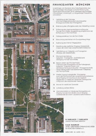 Hansjakob, Gottfried; München, Englischer Garten; Altstadtring, Königinstraße, Hofgarten, Finanzgarten, Englischer Garten, Staatskanzlei, Haus der Kunst, Prinz Carl Palais - 'Finanzgarten München', Konzept für verbesserte Einbindung, Luftaufnahme mit Erläuterungen
