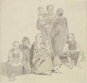 Gruppe von stehenden und sitzenden Frauen mit Kindern