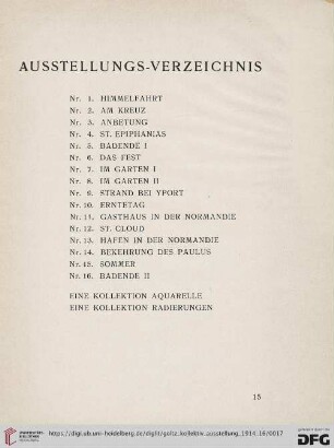 Ausstellungsverzeichnis (Nr. 1-16)