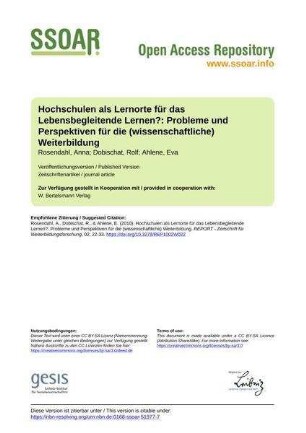 Hochschulen als Lernorte für das Lebensbegleitende Lernen?: Probleme und Perspektiven für die (wissenschaftliche) Weiterbildung