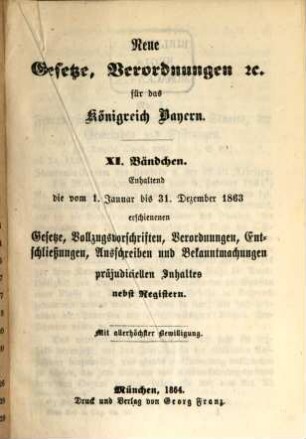 Neue Gesetze, Verordnungen etc. für das Königreich Bayern, 11. 1863 (1864)