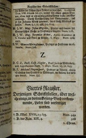 Viertes Register derjenigen Schrifftstellen, über welche einige in diesem Gesang-Buch vorkommende, Lieder sind verfertigt worden
