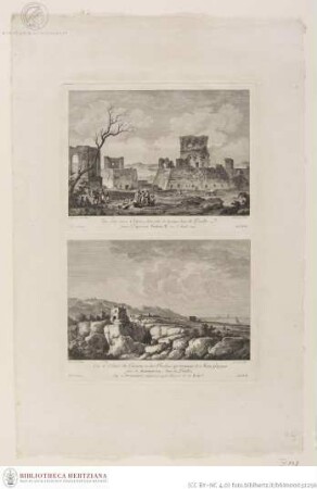 Blatt mit zwei Drucken; oben: Blick auf das Kastell von Lucera; unten: Felsen bei Manfredonia