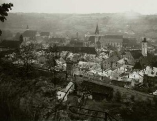 Eichstätt, Blick auf die Stadt : Eichstätt. Stadtkern mit Rathaus, Dom und Schutzengelkirche. Blick vom linken Altmühlhang über die Stadtmauer nach Nordwesten
