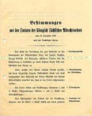 Auszug aus den Statuten des Königlich Sächsischen Albrechtsordens