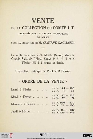 Vente de la collection du comte L. T. / Ordre de la vente