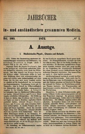 Schmidt's Jahrbücher der in- und ausländischen gesammten Medicin. 160. 1873
