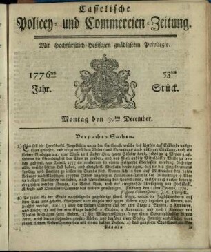 53tes Stueck, Montag den 30ten December 1776