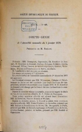 Compte rendu de l'assemblée mensuelle du Société Entomologique de Belgique. 47/59. 1878