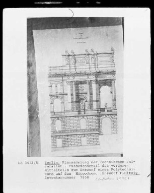 Fassadendetail des vorderen Mittelteils zum Entwurf eines Polytechnikums auf dem Hippodrom