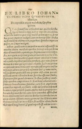 Ex Libro Iohan. Tritemii Octo Quaestionum, libellus. De reprobis atque maleficis, Quaestio quinta.