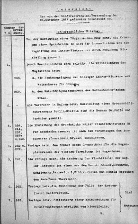 Uebersicht der von der Stadtverordneten-Versammlung am 24. November 1897 gefassten Beschlüsse., 24. November 1897