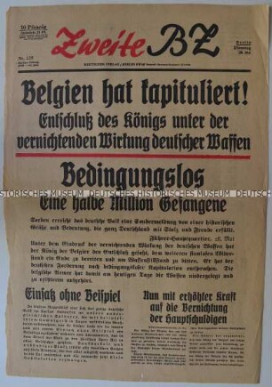 Titelseite der Tageszeitung "Zweite BZ" mit Leitartikel zur Kapitulation Belgiens