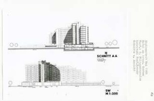 Hotel am Botanischen Garten, Berlin-Lichterfelde (Diplomarbeit bei Willy Kreuer): Ansicht von Südwesten und Schnitt 1:200