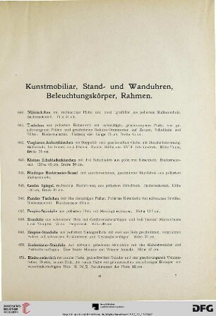Kunstmobiliar, Stand- und Wanduhren, Beleuchtungskörper, Rahmen (Nr. 640-759)