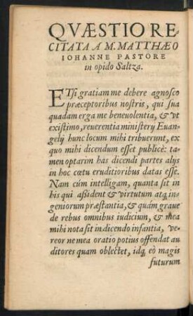 Quaestio Recitata A M. Matthaeo Iohanne Pastore in opido Saltza.