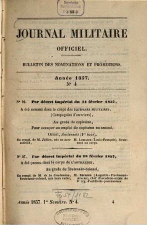 Journal militaire officiel. Bulletin des nominations et promotions. 1857,[3], Sem. 1