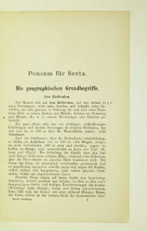 Pensum für Sexta. Die geographischen Grundbegriffe