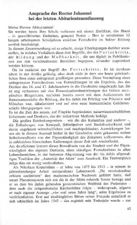 Ansprache der Rector Johannei bei der letzten Abiturientenentlassung