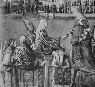 Legende der Heiligen Ursula: Abschied des heidnischen Prinzen von seinem Vater, Begegnung mit der Heiligen und Verabschiedung der beiden von ihren Eltern