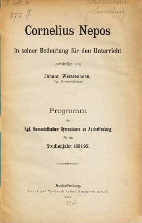 Cornelius Nepos in seiner Bedeutung für den Unterricht