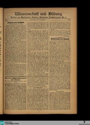 Karlsruher Zeitung, Wissenschaft und Bildung Nr.1