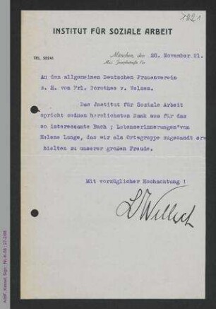 Brief von Lotte Willich an Dorothee von Velsen