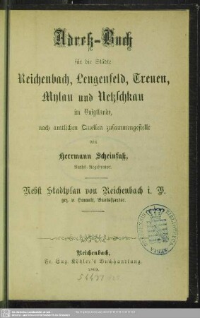 1869: Adreß-Buch für die Städte Reichenbach, Lengenfeld, Treuen, Mylau und Netzschkau im Voigtlande