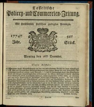 52tes Stueck, Montag den 26ten December 1774