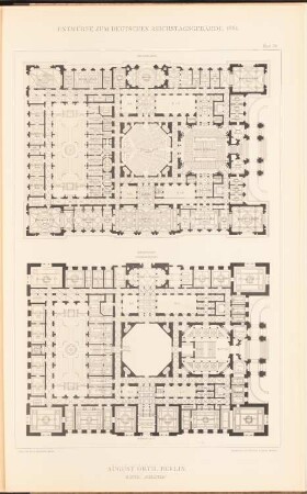Reichstag, Berlin Zweiter Wettbewerb: Grundriss EG, 1. OG (aus: Sammelmappe hervorragender Konkurrenzentwürfe H. 6, hrsg.v. K.E.O. Fritsch, 1883)