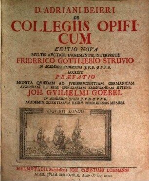 D. Adriani Beieri De Collegiis Opificum