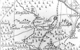 Mücka-Förstgen-Ost (vormals Ober- und Nieder Ölsa). Oberlausitzkarte, Schenk, 1759