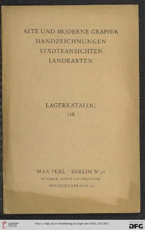 Nr. 118: Lagerkatalog: Alte und moderne Graphik, Handzeichnungen, Städteansichten, Landkarten