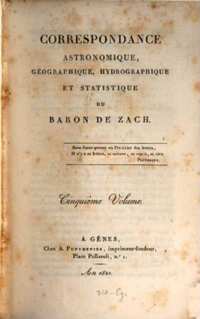 Correspondance astronomique, géographique, hydrographique et statistique. 5. 1821