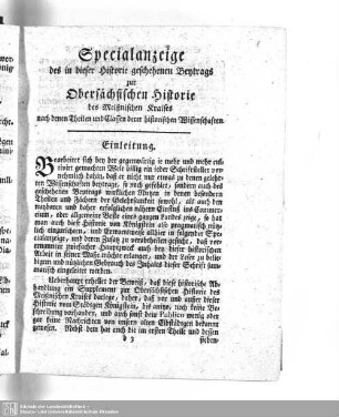 Specialanzeige des in dieser Historie geschehenen Beytrags zur Obersächsischen Historie des Meißnischen Kraises nach denen Theilen und Classen derer historischen Wissenschaften