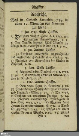 Nachricht, Was in Curiosis Saxonicis 1753 in allen 12. Monaten vor Materien zu lesen ...