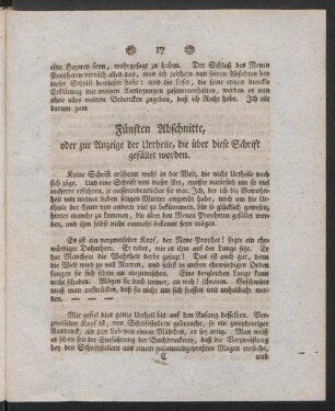 Fünften Abschnitte, oder zur Anzeige der Urtheile, die über diese Schrift gefället worden