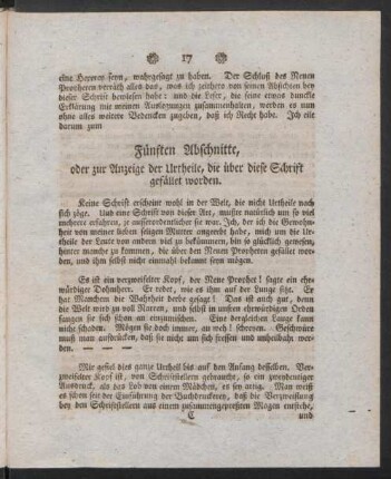 Fünften Abschnitte, oder zur Anzeige der Urtheile, die über diese Schrift gefället worden