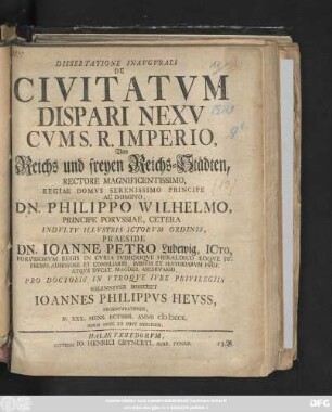 Dissertatione Inavgvrali De Civitatvm Dispari Nexv Cvm S. R. Imperio