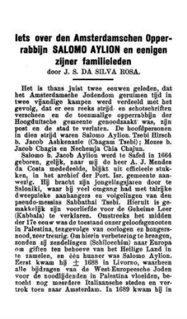 Iets over den Amsterdamschen opperrabbijn Salomo Aylion en eenigen zijner familieleden / door J. S. Da Silva Rosa