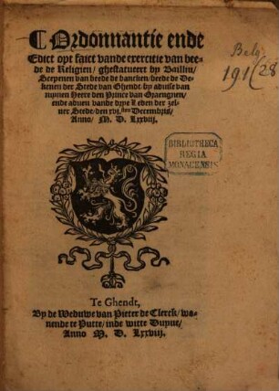 Ordonnantie ende Edict opt faict vande exercitie van beede de Religion