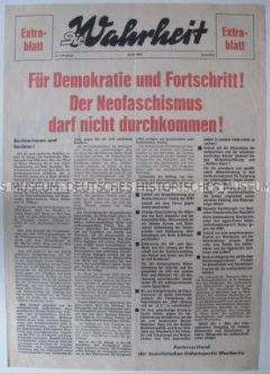 Extrablatt der Wochenzeitung der SED Berlin (West) mit einer Erklärung des Parteivorstandes zur politischen Lage in der Bundesrepublik nach dem Mord an Benno Ohnesorg und dem Anschlag auf Rudi Dutschke