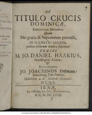 De Titulo Crucis Dominicae, Exercitatio Historica