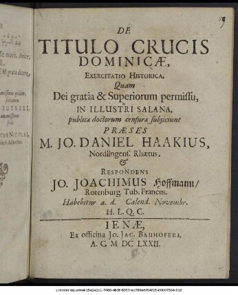De Titulo Crucis Dominicae, Exercitatio Historica