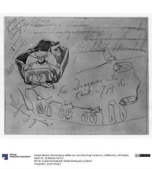 Bombardierer-Mütze aus der Zeit König Friedrichs I, Waffenrock, mit Notizen