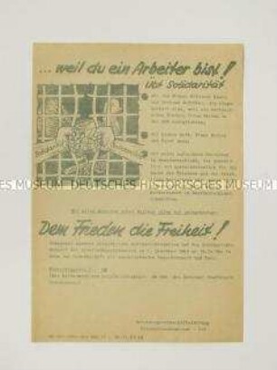 Hektografiertes Propagandaflugblatt aus dem Eisenhüttenkombinat Ost zur Solidarität mit den Opfern politischer Justiz in der Bundesrepublik