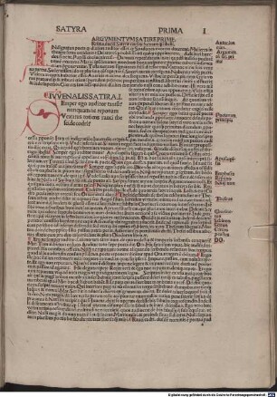 Satirae : mit den Kommentaren und den Widmungsbriefen an Nicolaus Rubeus, Venedig 9.6.1492, an Giuliano de' Medici bzw. an Johannes Tuccius von Antonius Mancinellus, Domitius Calderinus und Georgius Valla. Mit Vita Iuvenalis