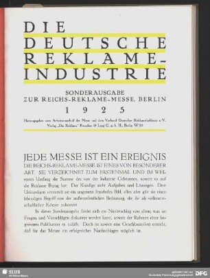 Die deutsche Reklameindustrie. Sonderausgabe zur Reichs-Reklame-Messe, Berlin 1925