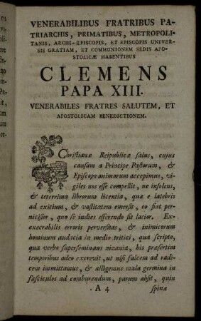 Venerabilibus fratribus patriarchis,...Clemens Papa XIII. Snæ Cæsareæ Majestatis Caroli VI. Imperatoris,[...]