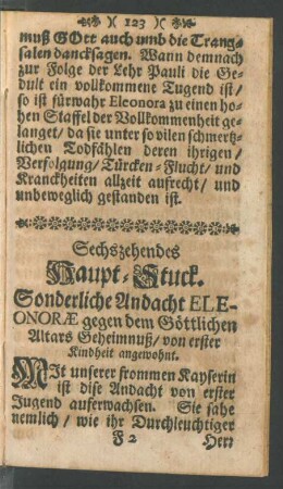 Sechszehendes Haupt-Stuck. Sonderliche Andacht Eleonorae gegen dem Göttlichen Altars Geheimnuß/ von erster Kindheit angewohnt